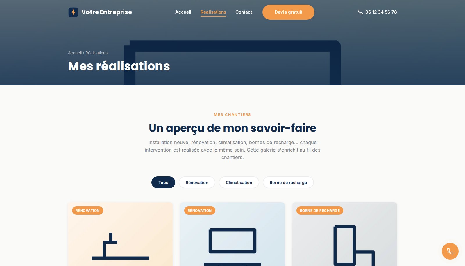 Page des réalisations de l'exemple de site sur ordinateur