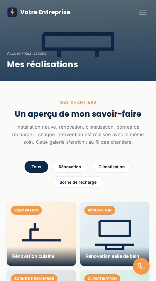 Page des réalisations de l'exemple de site sur téléphone